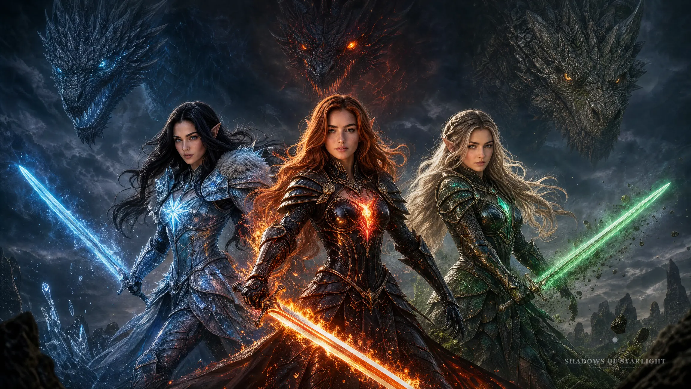The three Sternenfall sisters in battle armor, three dragons behind them